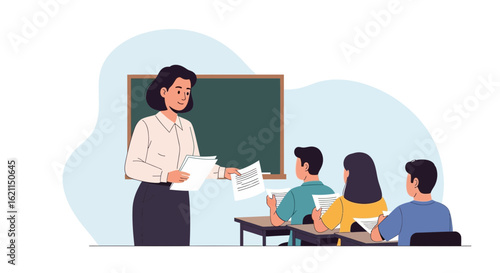 Educator Distributing Assessment Among Students in Educational Setting Vector Illustration