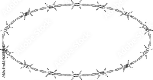 Barbed wire forming an oval shape with barbs evenly aligned along the smooth contour.