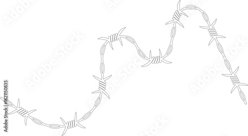 Barbed wire tracing an unpredictable, random path with barbs distributed haphazardly.