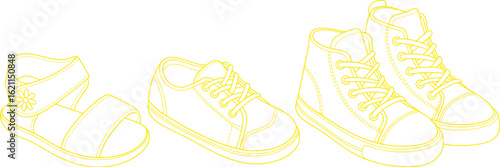 Yellow outline of children's footwear including a sandal and sneakers shoes