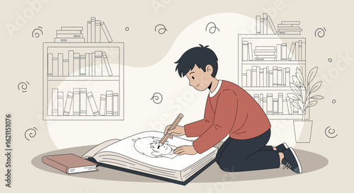 Creative Young Illustrator Boy Drawing With Pencil In Huge Sketchbook At Home
