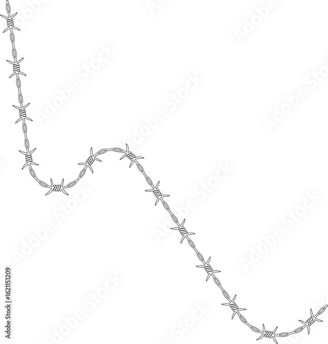 Barbed wire forming a line with abrupt shifts in direction and barbs distributed along its length.