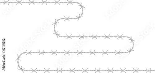 Barbed wire following a flowing sinuous line with barbs evenly distributed along its path.