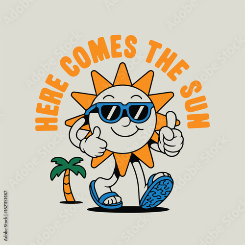 Happy cartoon sun character wearing sunglasses and giving thumbs up with a palm tree