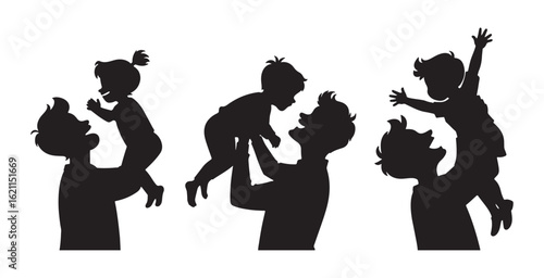  Heartwarming collection of father and child silhouettes showing joyful bonding moments—dads lifting kids into the air, symbolizing love, play, care, and strong parental connection.
