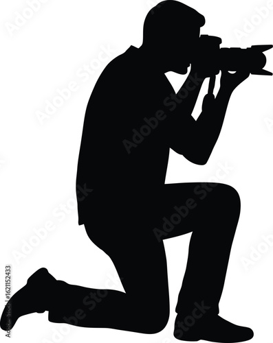 Silhouette of a photographer kneeling and taking a picture with a camera, isolated on white background capturing moments with professional equipment