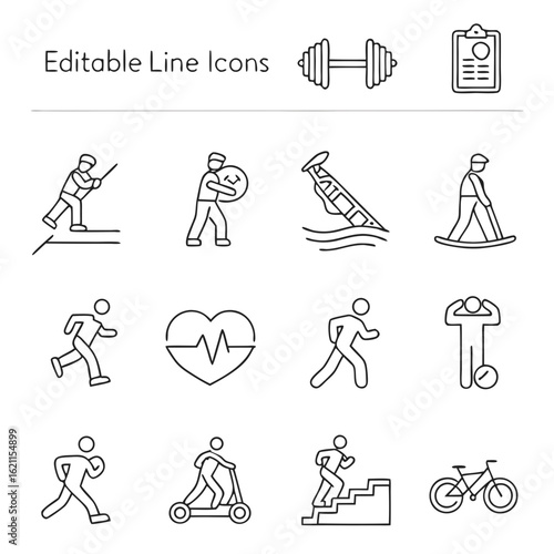 Collection of editable line icons representing fitness and healthy lifestyle activities