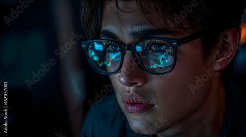 Focused Young Man Wearing Glasses Working on Computer at Night with Trading Charts Reflected on Lenses – E-Money and Finance Concept

