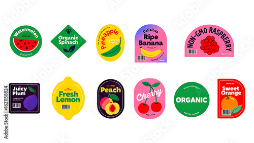 Collection of Colorful Fruit and Vegetable Labels for Fresh Produce