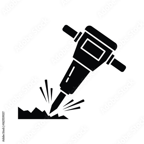 Black and white icon of a jackhammer breaking ground demolition tool construction equipment
