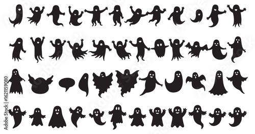  Playful set of black ghost silhouettes with expressive faces and speech bubbles like “Boo!” and “Foo!”—perfect for Halloween, spooky crafts, party decor, and fun holiday designs.