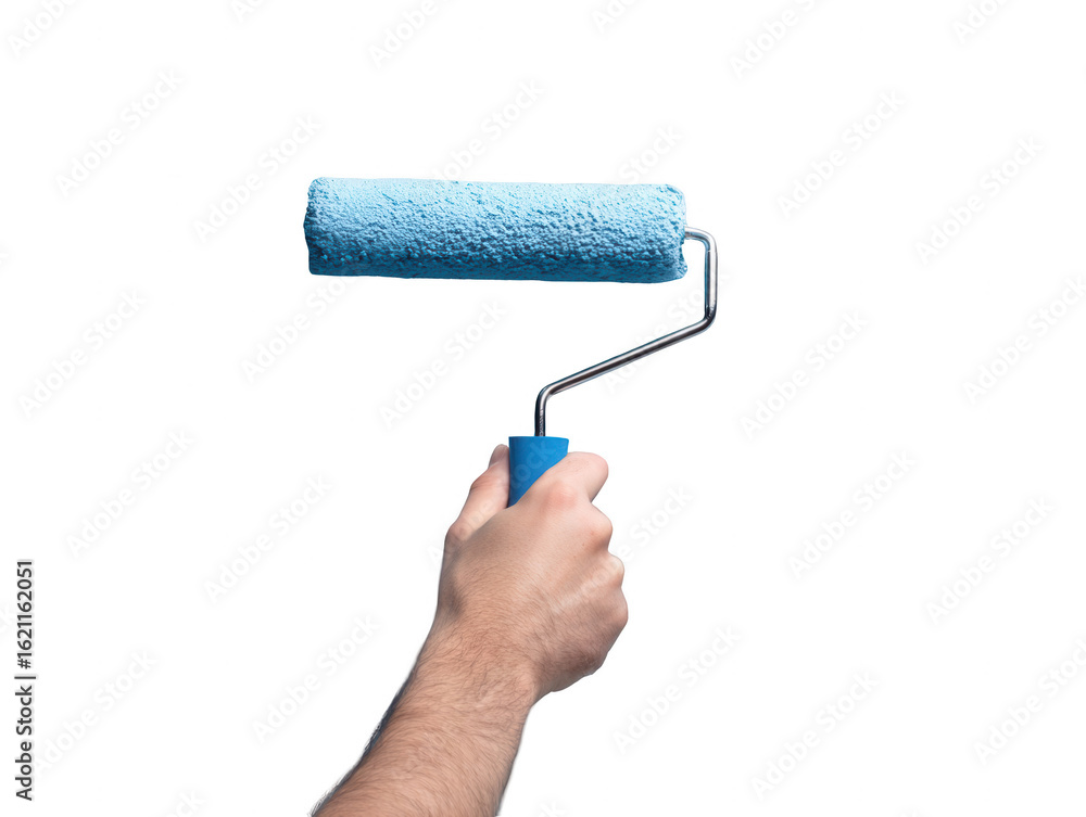 Obraz premium A person's hand painting a wall with a roller in a blue color, png, transparent