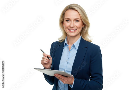 Smiling businesswoman holding pen and document isolated on transparent background