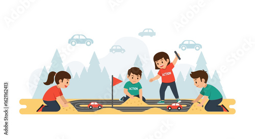 Children enjoying a fun-filled day building a toy car track surrounded by nature background