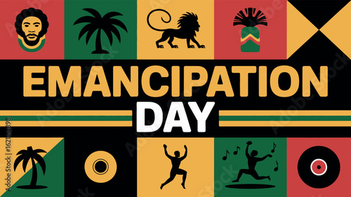 Jamaica Emancipation Day Celebration with Afro-Caribbean Art, Lion, and Rastafarian Design