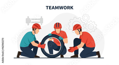 Collaborative Effort Three Individuals Mounting A Tire Demonstrating Teamwork