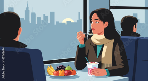 Commuting Woman Enjoys Healthy Snack With Fruit And Yogurt In Urban Transport