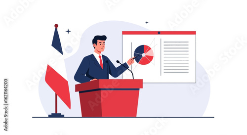 Confident Politician Presenting Data At Podium For Political Speech