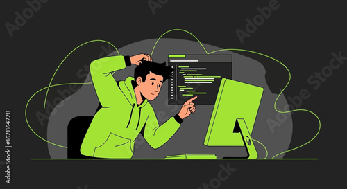Confused programmer staring at code on a computer screen in a modern design style illustration