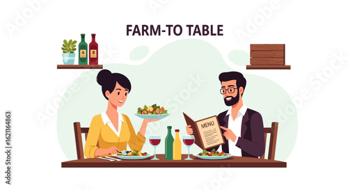 Couple Enjoying Fresh Food At A Farm To Table Restaurant Setting
