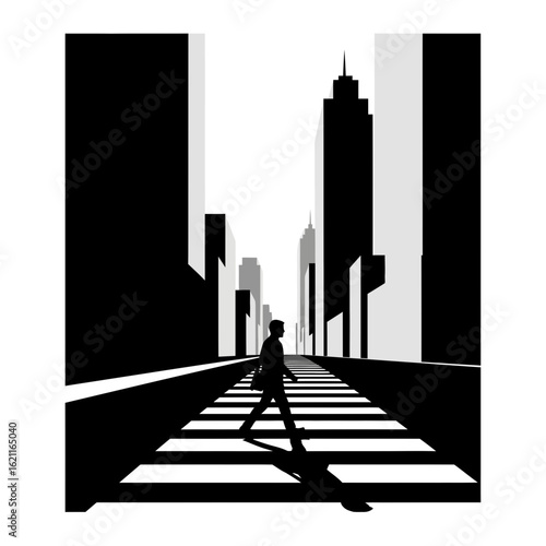 vector silhouette man walking on crosswalk in city street with buildings and skyscrapers black and white art