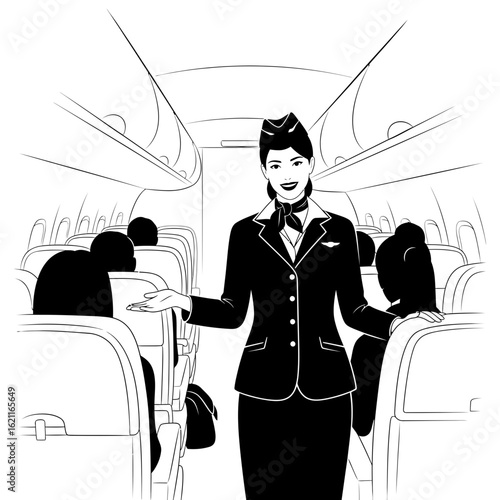 Air hostess welcome aboard flight attendant in airplane airline cabin service aviation travel professional guide vector silhouette