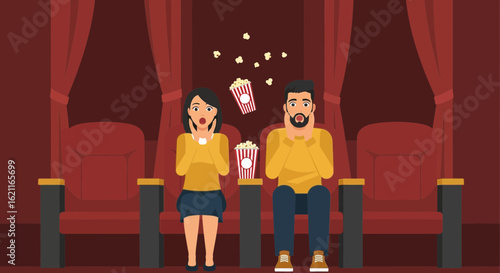 Couple Watching A Scary Movie With Flying Popcorn At The Cinema Theatre