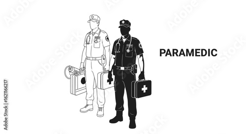 Paramedic first responder emergency medical technician emt healthcare hero doctor nurse ambulance medic rescuer help vector silhouette