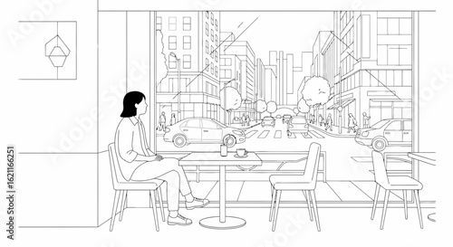 Woman cafe city view drawing cityscape cars buildings people table chair relaxing urban scene art vector silhouette