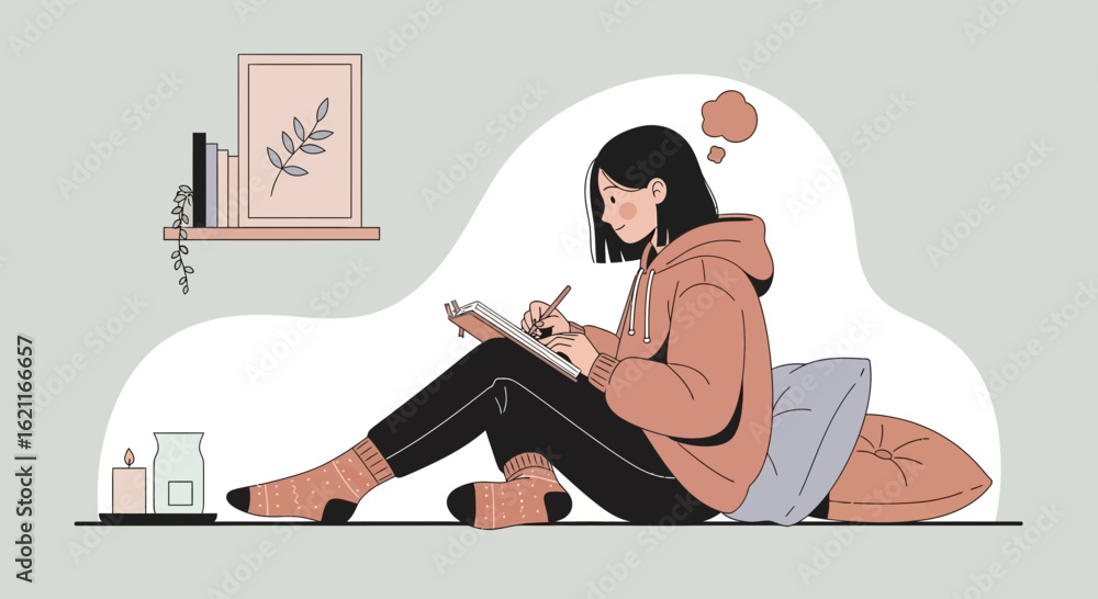Fototapeta premium Cozy illustration of a woman journaling at home in a peaceful and relaxing setting