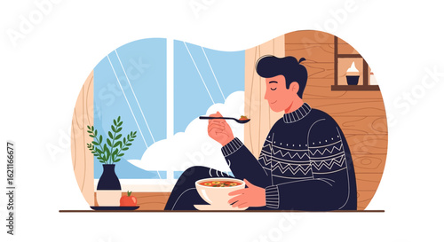 Cozy Indoor Scene Man Enjoying Comfort Food At Home On A Rainy Day