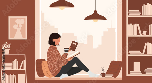 Cozy Reading Nook A Woman Enjoying Book By Window Indoor Illustration