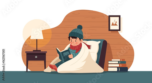 Cozy Winter Evening A Boy Enjoys Reading Under A Warm Blanket