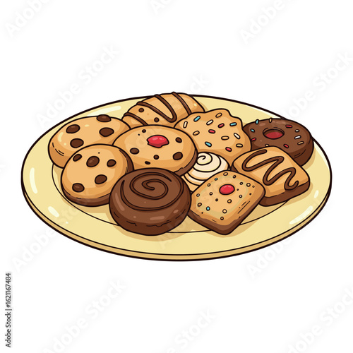 Assorted cookies on a plate with chocolate and sprinkles