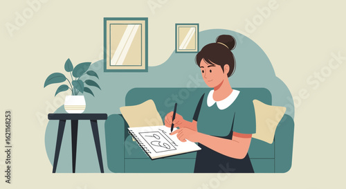 Creative Woman Drawing Sketchbook On The Sofa With Cozy Living Room Setting