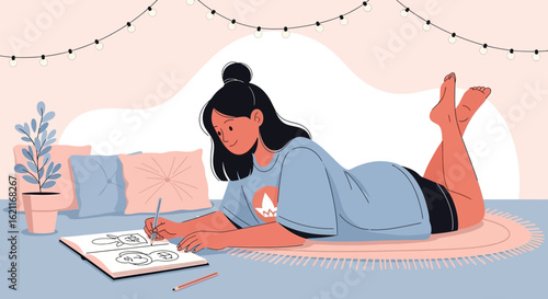 Creative Woman Enjoying Drawing Sketches on Floor Surrounded by Cozy Elements