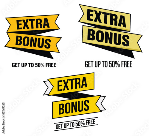 Extra Bonus Yellow Ribbon Banner Set Get Up To 50% Free Promotion Vector Marketing Badge Collection