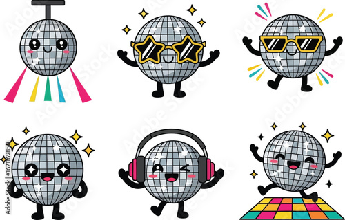 Cute Kawaii Disco Ball Character Set Illustration
