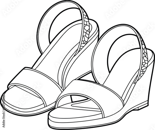 Trendy women wedge sandals vector, stylish open toe shoes, casual summer footwear sketch, modern fashion accessory design, editable template