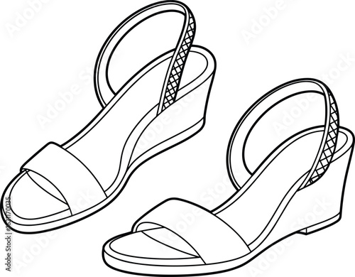 Stylish wedge sandals, open-toe design, ankle strap, summer footwear, casual shoes, trendy fashion, comfortable style, warm weather, versatile, illustration