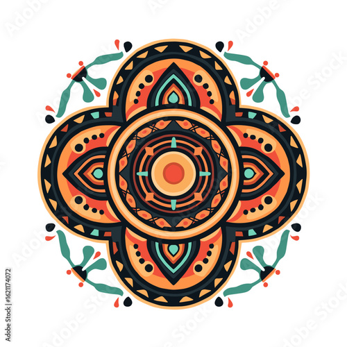 Digital illustration of an indigenous-inspired mandala design with concentric circles in orange, teal, black, white, for spiritual presentations