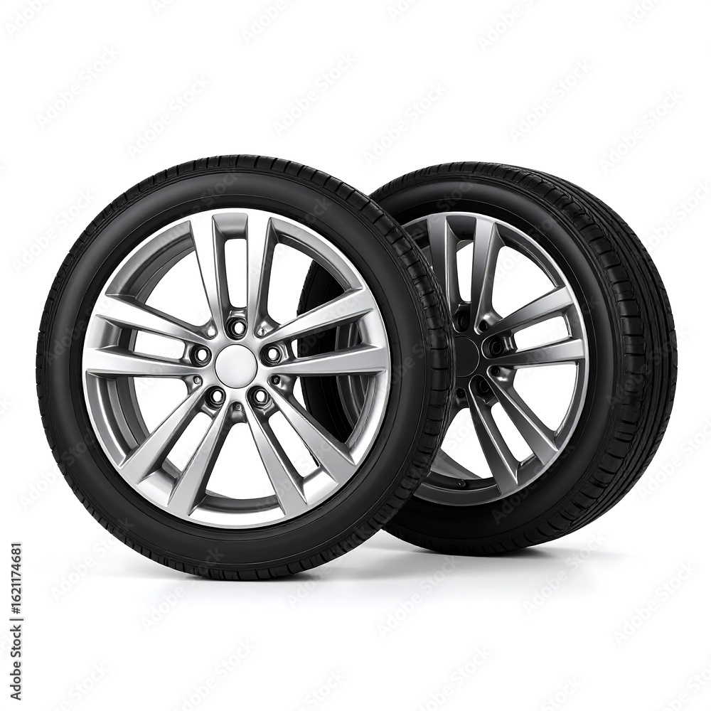 Two car wheels on white background Two car wheels on white background
