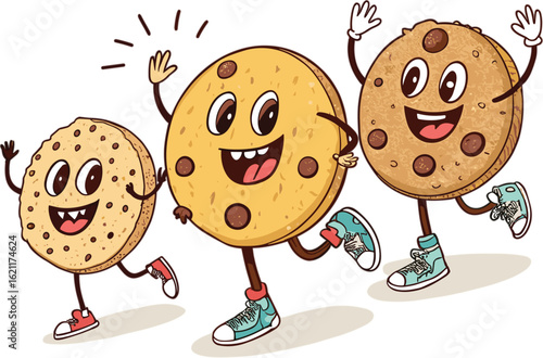 Three cheerful cartoon cookies with faces and legs happily walking together