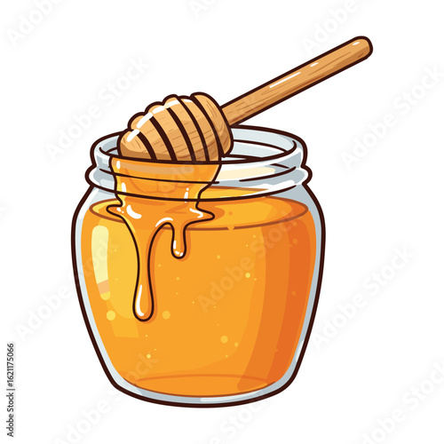 Wooden honey dipper and overflowing glass jar with golden honey drips
