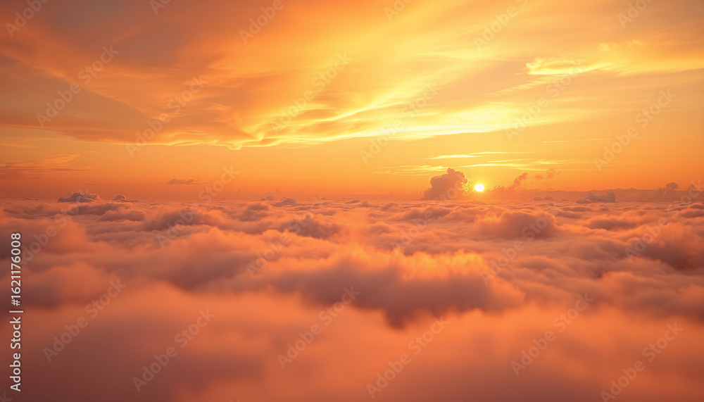 Obraz premium Majestic sunset over a sea of clouds, with the sun casting a warm orange glow