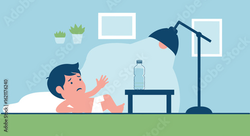 Cartoon Boy Lying In Bed Scared Of Water Bottle At Night