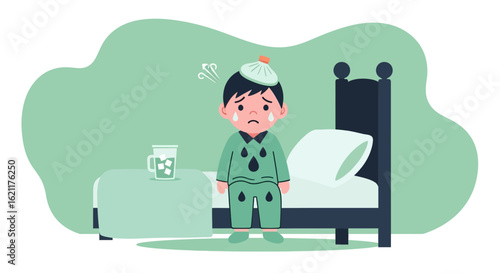 Cartoon Boy Home Sick With Compress Fever Lying On Bed
