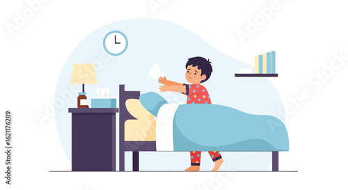 Cartoon Boy Suffering From a Cold or Flu Reaching for a Tissue Box