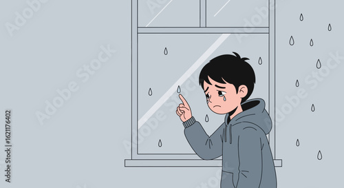 Cartoon depiction of a sad boy looking out the window during a rainy day reflecting loneliness and sadness