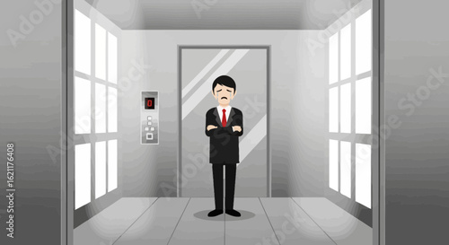 Cartoon depiction of a sad businessman in an elevator symbolizing career stress and professional challenges